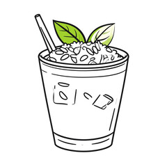 A hand-drawn illustration of a refreshing iced drink with crushed ice, a straw, and a vibrant green mint garnish.