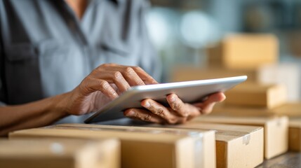 A professional using a tablet for inventory management in a logistics warehouse surrounded by packages.