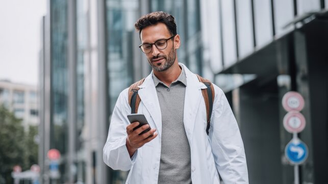 A professional man in a lab coat checks his smartphone while walking outside modern buildings in the city.