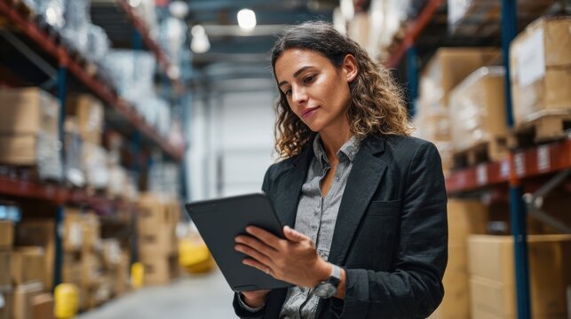 A professional woman uses a tablet in a warehouse, managing inventory and logistics efficiently.