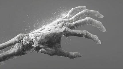 Slowmotion grayscale image of hand losing grip strength fingers trembling and becoming emaciated from motor neuron loss.