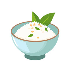 A light blue ceramic bowl of fluffy white rice garnished with sesame seeds and fresh green leaves.