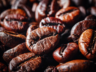 roasted coffee beans close-up, roasted coffee beans background and texture