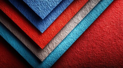 Red, blue, and white paper sheets arranged at an angle on a red background