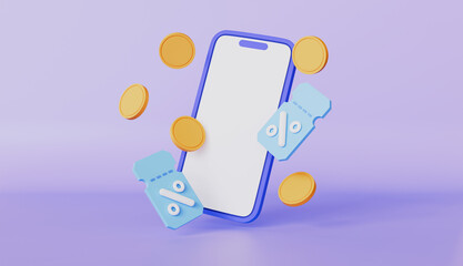 Gift Coupon on mobile phone and coin floating, Special offer promotion, Store special offers advertisement