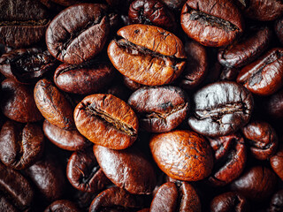 roasted coffee beans close-up, roasted coffee beans background and texture