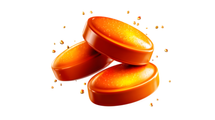 Orange multivitamin pill trio scattered isolated on transparent background