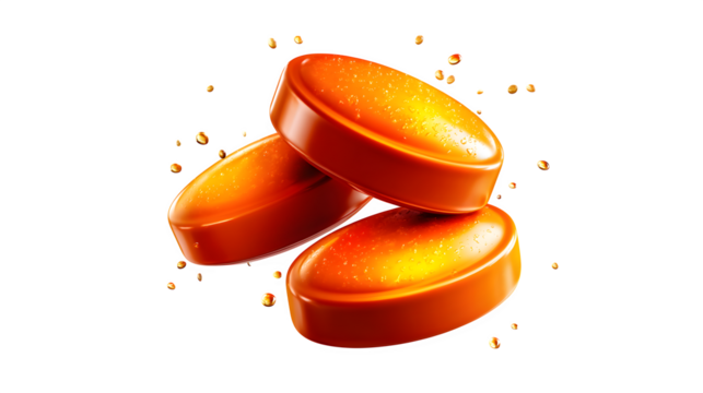 Orange multivitamin pill trio scattered isolated on transparent background