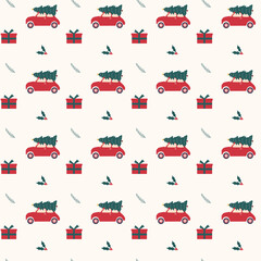 Christmas pattern with car with Xmas tree, ornaments, gifts on vintage background.Seamless vector background for textiles, wallpapers and festive decorations.