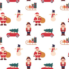 Christmas pattern with Christmas tree with car, Santa Claus, snowman,Nutcracker, gifts on light background.Seamless vector background for textiles, wallpapers and festive decorations.