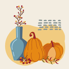 Cozy autumn illustration with blue vase and two orange pumpkins on  yellow background. Perfect for seasonal decor, posters, packaging, social media
