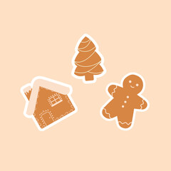 Gingerbread cookies on isolated background. Gingerbread house, man and tree shape. Vector illustration cartoon flat style