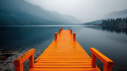 Fototapeta premium Misty mountain lake landscape, bright orange wooden pier over calm water, serene wilderness jetty for nature travel and meditation background