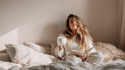 Serene home interior, beautiful young woman reading and enjoying coffee in bed, pastel-toned bedroom, calm mood with gentle natural lighting - Powered by Adobe