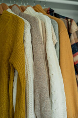 Warm autumn clothes knitted in the closet. Home organization.