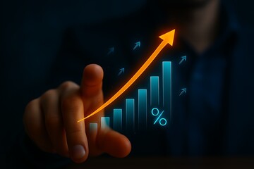 Hand pointing to glowing upward trending graph with percentage symbols