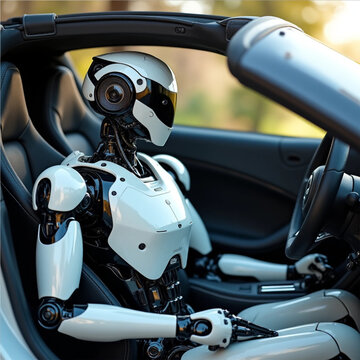 Futuristic Robot Driver in Car Interior