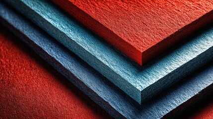 Red, blue, and white paper sheets arranged at an angle on a red background