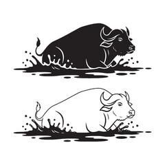 Cattle Family Traits - Buffalo Art Duo - Silhouette & Lineart for High-Quality Use - Buffalo silhouette - Buffalo lineart - Buffalo vector - vector set of Buffalo

