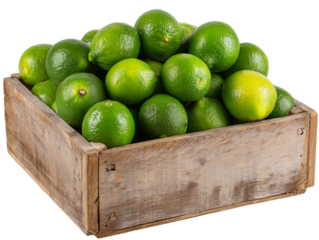 A rustic wooden box overflows with vibrant green limes, a refreshing and appetizing display of citrus fruit
