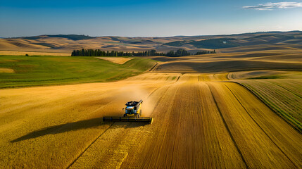 Fototapeta premium Combine harvester harvesting wheat in palouse region at sunset