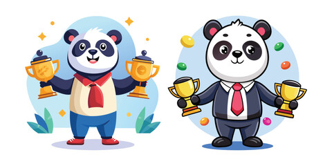 Cute Friendly Panda Giving Out Awards to Employees – Vector Illustration for Workplace Motivation, Employee Recognition, Office Reward Events, and Business Success Celebrations
