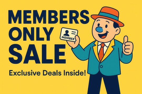 Cartoon character in a suit and hat holding a membership card with "Members Only Sale" text, promoting exclusive deals in a vibrant yellow background.