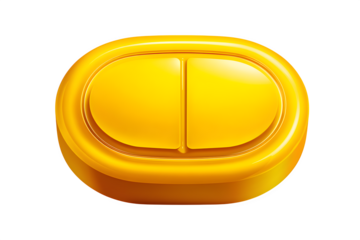 Oval yellow tablet with embossed logo isolated on transparent background