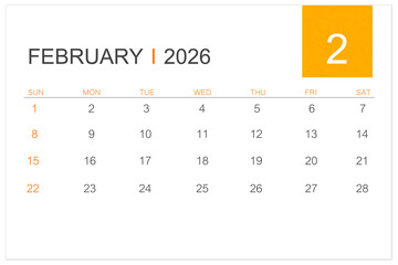 February calendar page for 2026 year isolated on white background, Save clipping path.