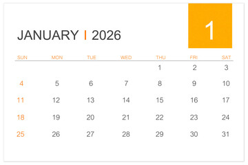 January calendar page for 2026 year isolated on white background, Save clipping path.