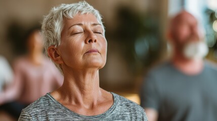 A serene senior woman practicing mindfulness meditation in a peaceful setting, showcasing inner calm and focus.