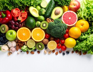 "Dynamic shot of a health-conscious fruit and vegetable medley, showcasing rich textures and complementary colors. Bright, even illumination on an immaculate white surface. Ultra-detailed, cinematic d