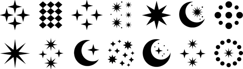 Celestial Icons Crescent Moon Stars Sparkles Dots and Geometric Patterns vector