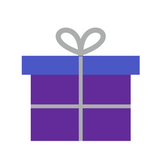 Simple flat design of a purple gift box with a blue lid and grey ribbon