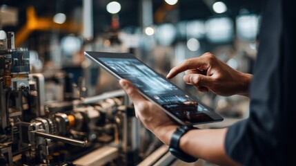 A skilled worker uses a tablet to monitor machinery operations in a modern industrial setting.