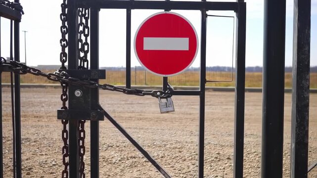 Locked metal gate with no-entry sign