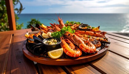 Seafood platter on a wooden table by the ocean