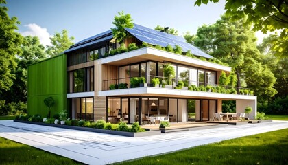 Modern eco-friendly house with solar panels and green wall, surrounded by lush greenery