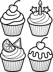 Four decorative cupcakes with cherries stars and citrus slices cherry candle