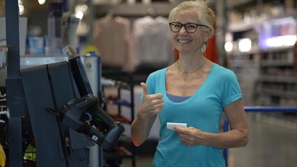 Portrait of a happy, satisfied, mature woman using a self checkout kiosk at a hardware store. Happy...