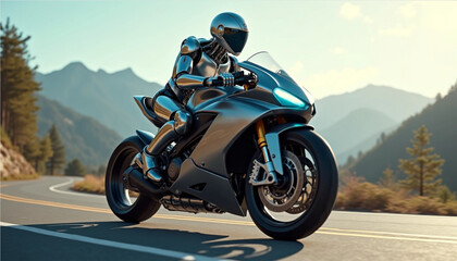 Futuristic Robot Riding Motorcycle on Mountain Road