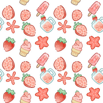 Cute Refreshing Summer Strawberry Theme Seamless Pattern - Ice-cream, Fruit, Drinks, Starfish Element with Transparent Background