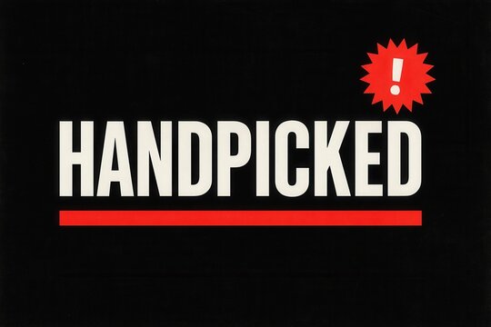 Bold "HANDPICKED" typography in white on a black background with a red underline and an exclamation mark inside a red starburst, conveying a sense of selection and exclusivity.