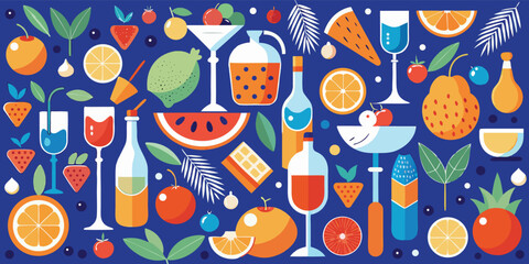 A blue and white drawing showcasing an assortment of kitchen utensils like spatulas, whisks, and measuring cups..eps