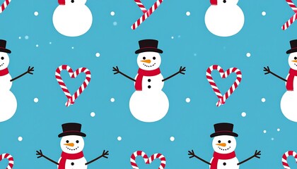 Christmas pattern of snowmen and candy canes on a light blue background. Repeating design