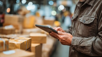A worker uses a tablet for inventory management in a busy warehouse filled with packages.