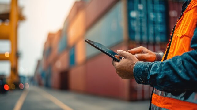 A worker in a high-visibility vest uses a tablet to manage shipping logistics at a busy port.