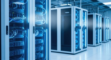 Modern IT infrastructure showing cooled server racks in a secure technology hub.