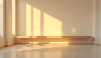 Minimalist modern interior design with wooden shelf and warm sunlight illuminating an empty room