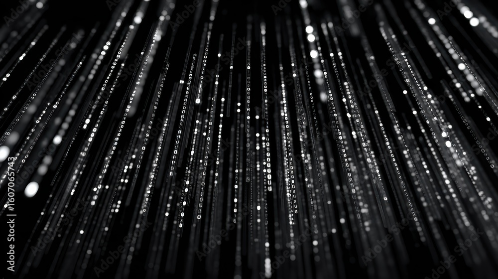 Poster abstract composition of shimmering light streaks in a dark background, creating a mesmerizing visual